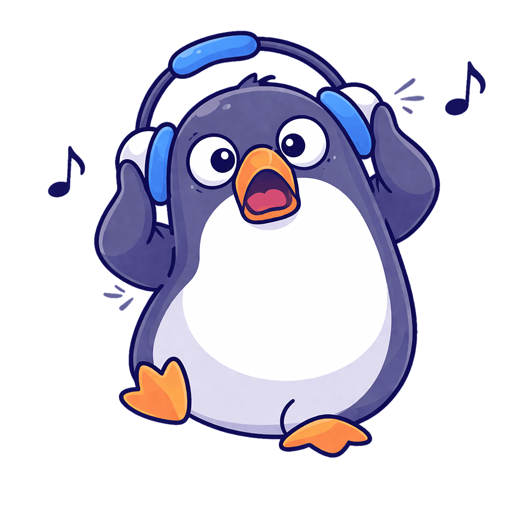 ヘッドホンを聴いて驚いたペンギンのイラスト