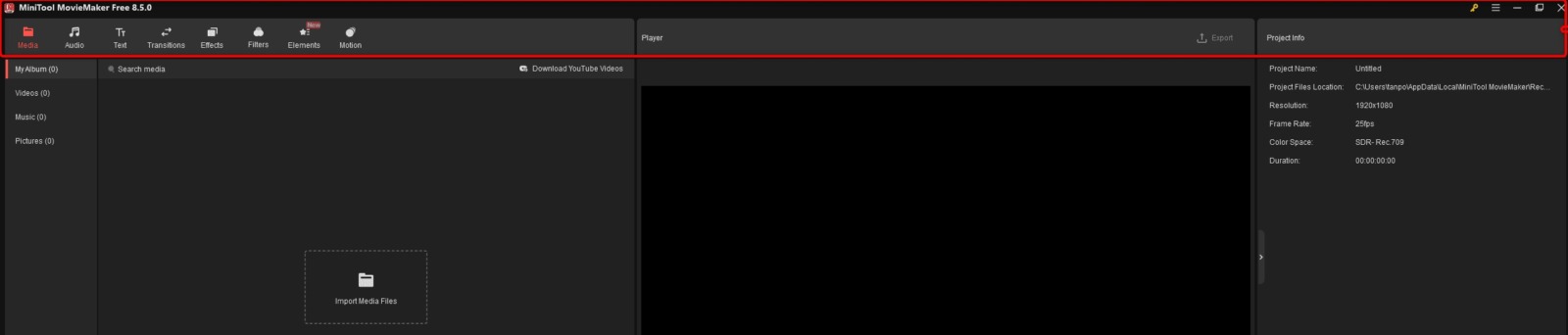 デスクトップPCの大型モニターでハンバーガーメニューが正常に表示された状態（MiniTool MovieMaker）