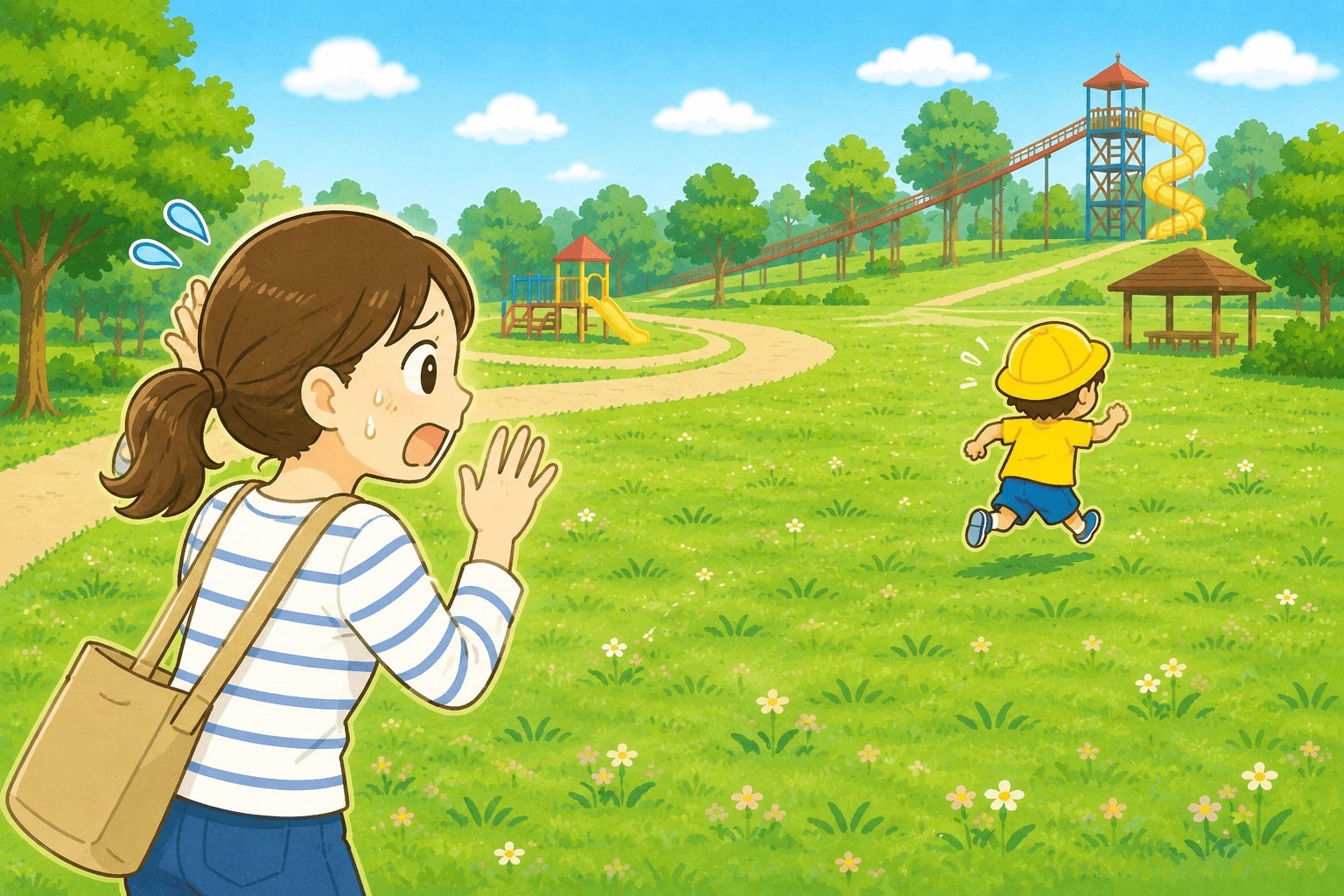 広い公園で迷子になりかけた子どものイメージ